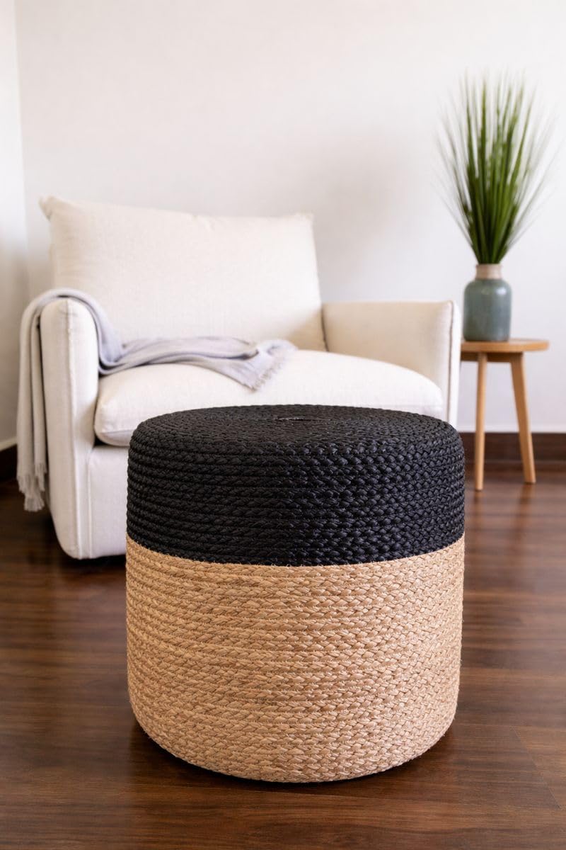 S & L Homes Pouf Ottoman - 100% Jute Braided Hand Knitted Traditional Cord Boho Pouffe for Living Room, Bedroom, Nursery, Patio, Lounge Colorblock -