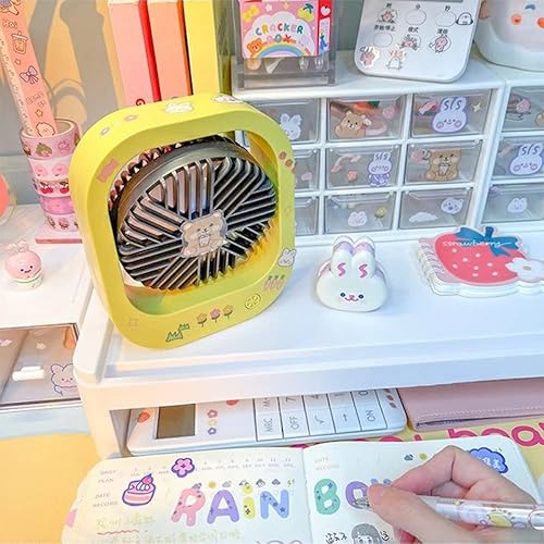 Ventilador de escritorio pequeño y estético Kawaii con calcomanías, bonito ventilador portátil personal recargable por USB para adolescentes, niñas,