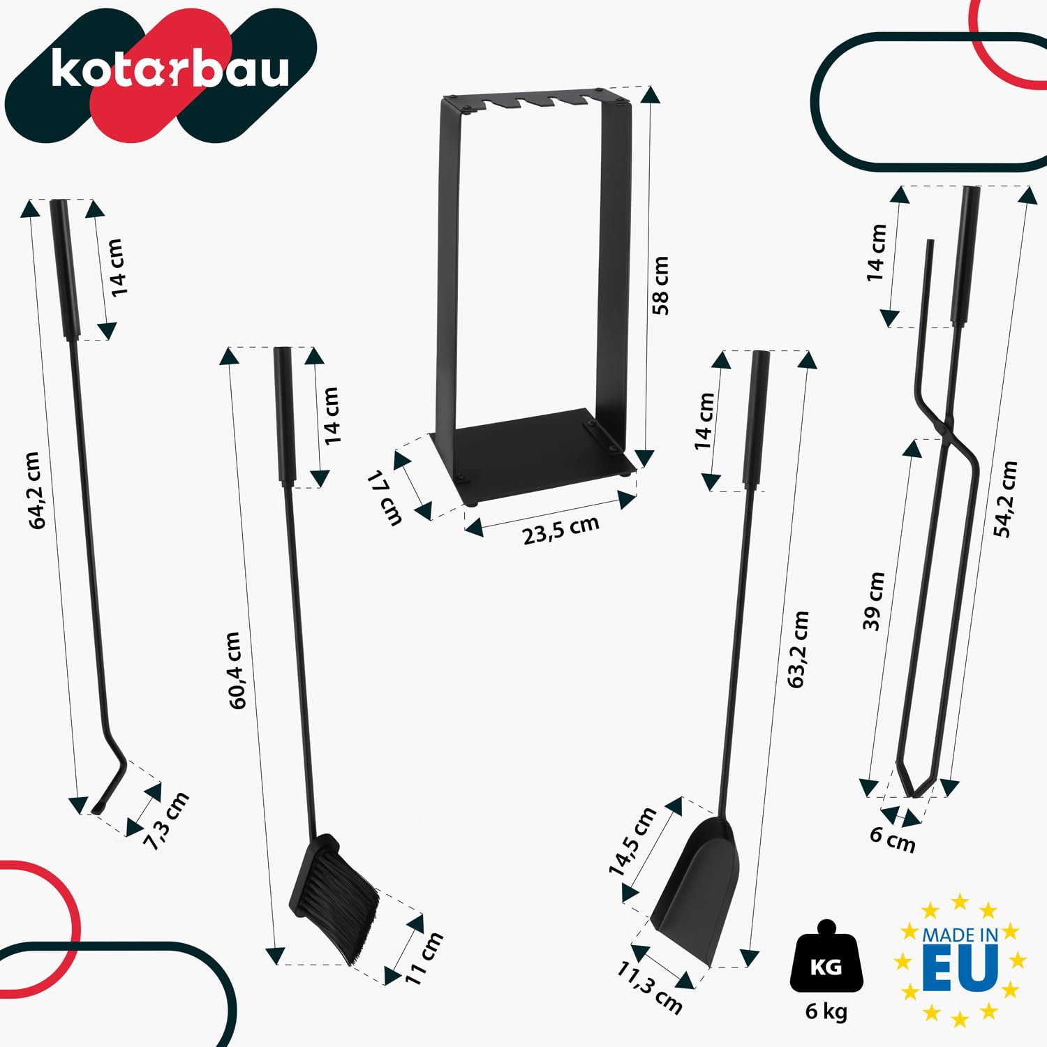 KOTARBAU® Juego de herramientas para chimenea de acero, Set de 5 piezas: escoba, pala, pinzas y atizador de ceniza con soporte de pie, Herramientas para chimenea, estufa, Negro