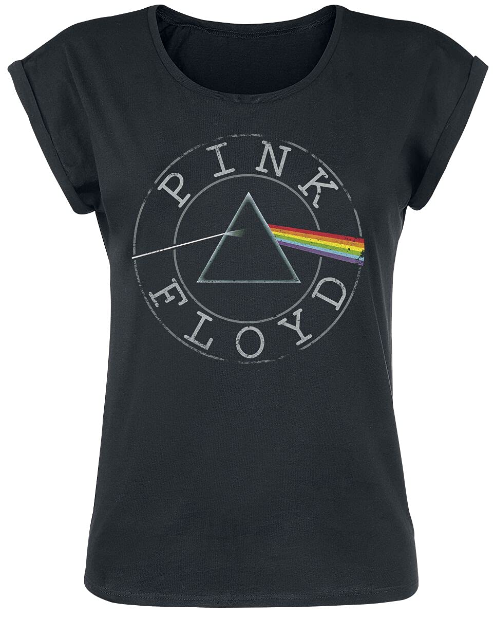 Pink Floyd Logo Circle Femme T-Shirt Manches Courtes Noir 100% Coton Regular/Coupe Standard - Les Beatles, Paul McCartney, John Lennon, RIngo Starr, George Harrison Pink Floyd Logo Circle Femme T-Shirt Manches Courtes Noir 100% Coton Regular/Coupe Standard