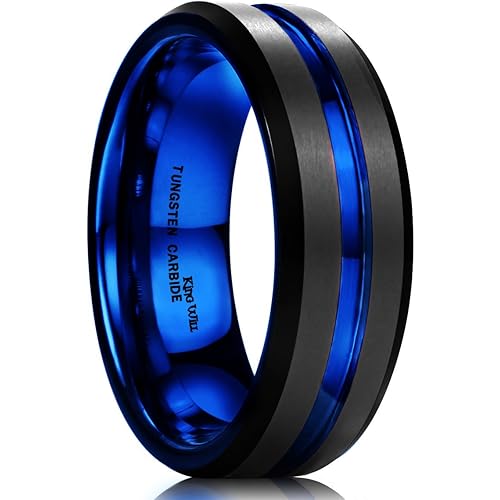 King Will 6mm 7mm 8mm Groove Tungsten Carbide Wedding Ring for Men Black/Silver/Rainbow/Rose Gold/Red/Brown/Blue Thin Groove Center Tungsten Wedding Band Matte Finish