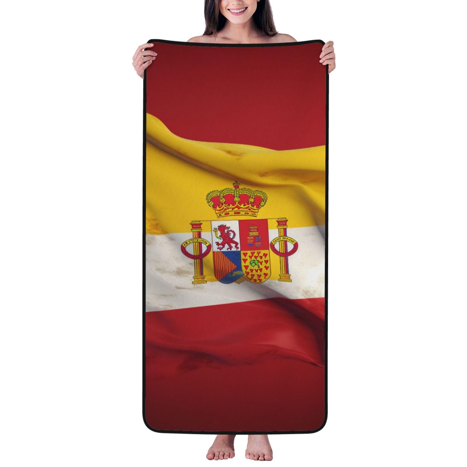 WPKJU Spain Flag Printed Bath Towel with Black Edging - 27x55 in Soft Extra Absorbent Coral Velvet Shower Towels for Bathroom