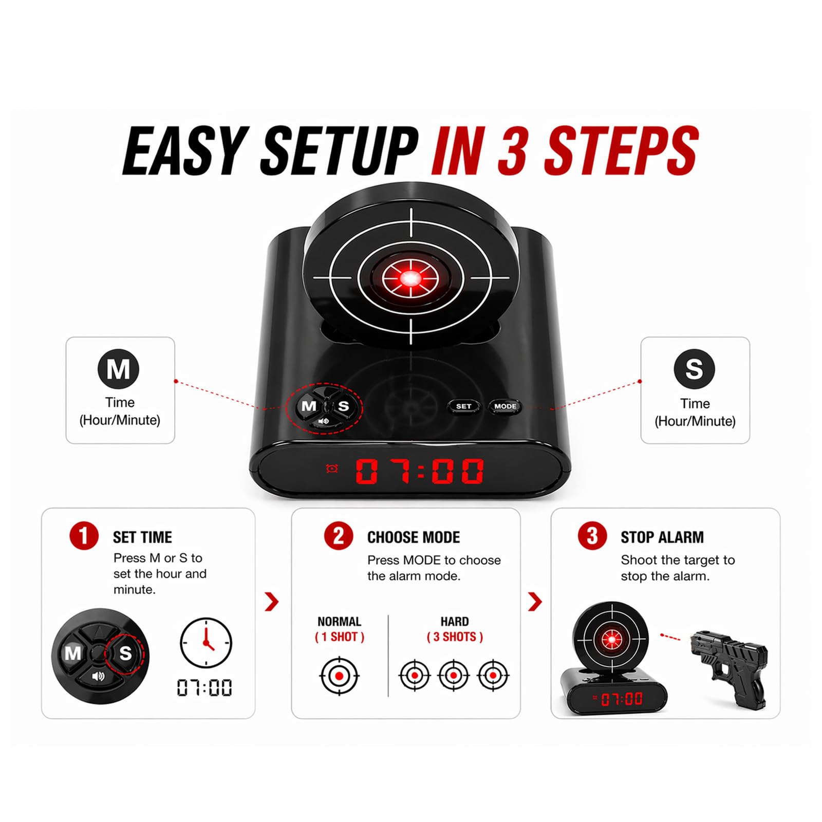 Interactive Target Alarm Clock Game, Wake Up Game Alarm Clock for Heavy Sleepers, LED Digital Display with Voice Recording & Custom Ringtones, Fun Gift for Teens & Adults (Black)