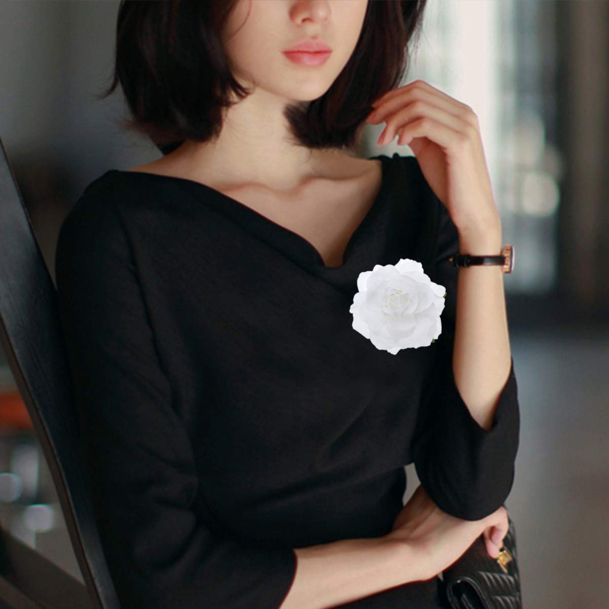 Solustre Rose Flower Hair Clips Brooch Artificial Big Rose Hairpin Pin up Flower Brooch for Women Girls Party (White) - Image 2