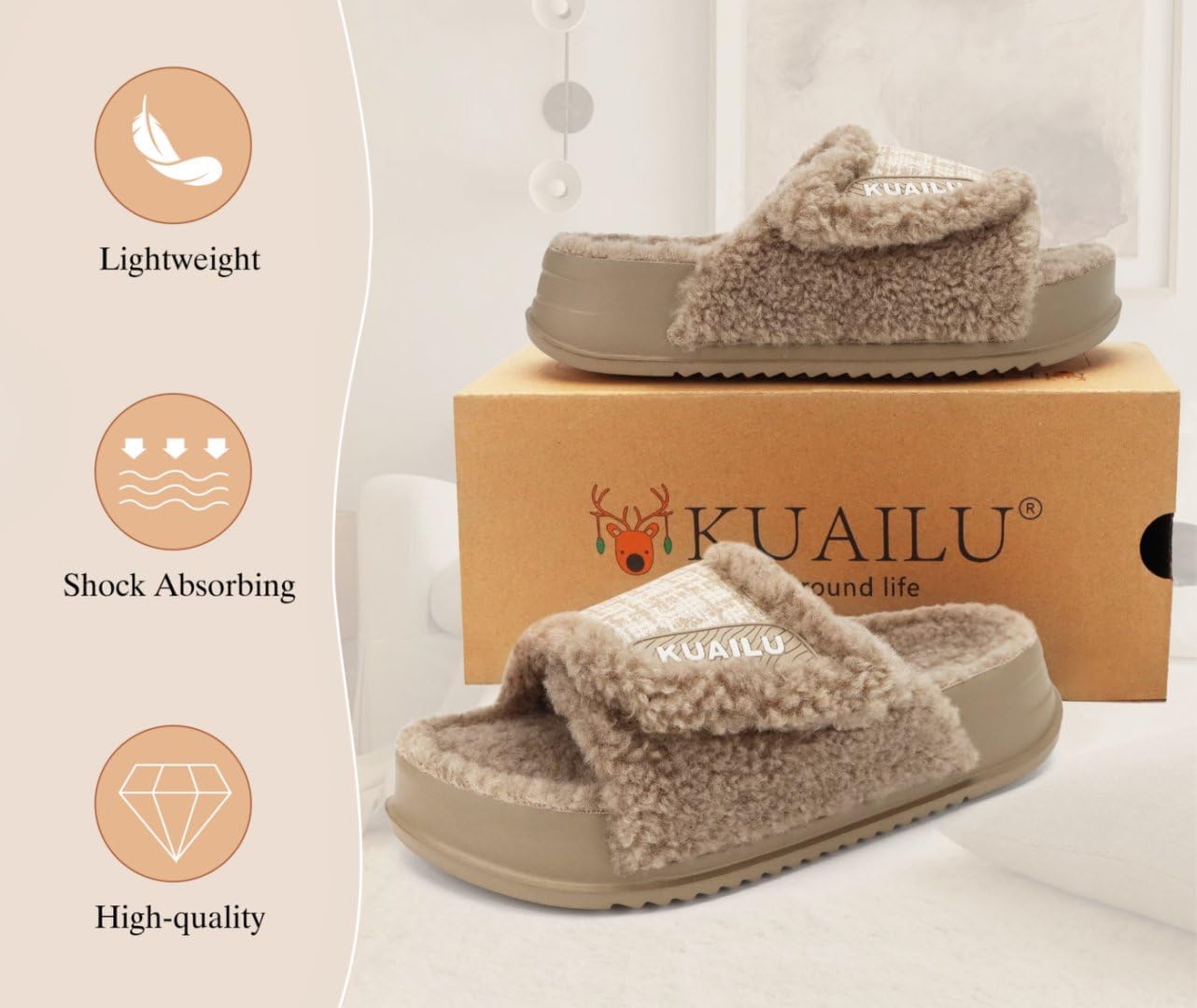 KuaiLu Cushion Slippers For Women with Orthotic Arch Support Wide Adjustable Open Toe Flatform Furry Fur Sandals Warm Teddy Fleece Recovery Slides Slip On House Shoes Indoor Outdoor, Beige US7 - Image 9