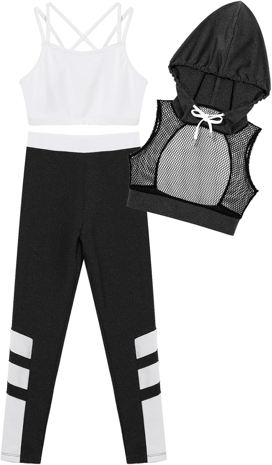 Big Girls Hiphop Street Dance 3 Pcs Outfit Mesh Hooded Top Sports Bra Legging Sports Sets