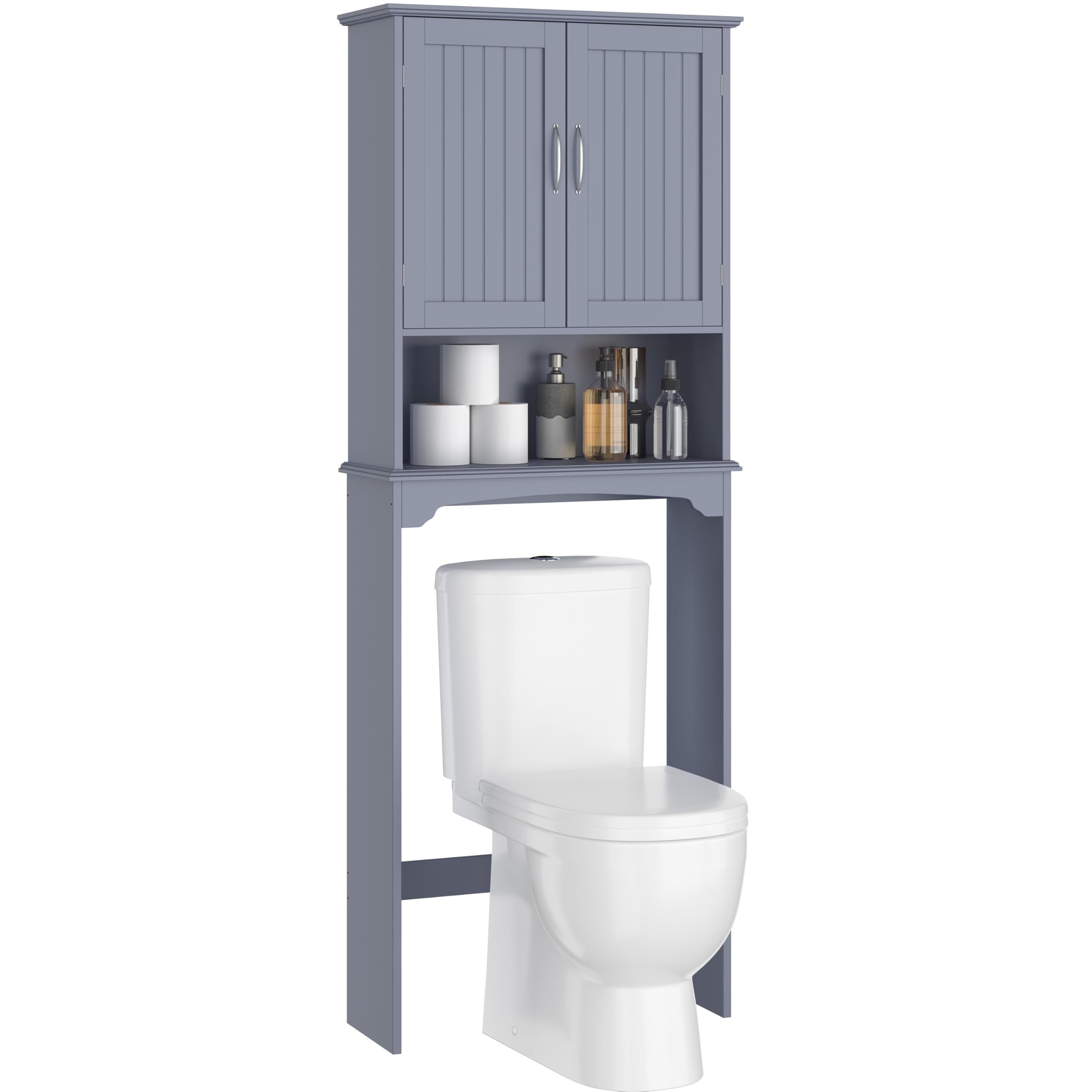Assembled Yaheetech Over-the-Toilet Bathroom Cabinet in grey, positioned above a toilet in a bathroom setting.