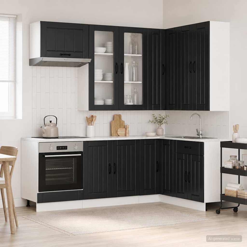 8-teilige Küchenzeile Lucca Schwarz Holzwerkstoff Einbauküche | Modernes Küchenschrank-Set für Küche und Esszimmer mit viel Stauraum, Glaselementen und verstellbaren Standfüßen.
