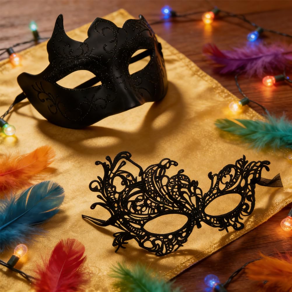 KMFASVX Masquerade Mask for Couple Men Women Venetian Mask for Halloween Lace Masque Costume mask Party Prom Ball Mardi Gras -Black - Image 3