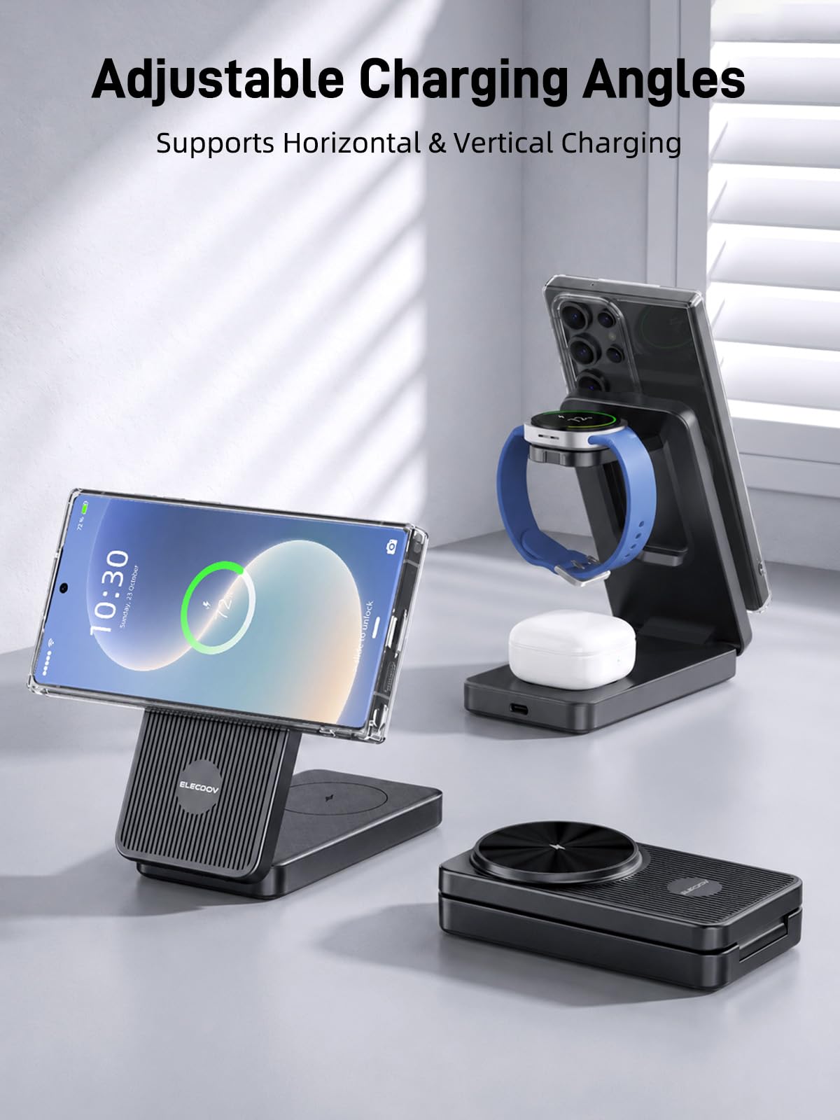 Magnetica Caricatore Wireless per Samsung, 3 in 1 Wireless Charger Viaggio | Caricabatterie da Viaggio Pieghevole per Samsung Galaxy S36 Ultra/S25/S24/Z Fold/Flip 7, per Galaxy Watch Ultra/8/7/6/Buds 4