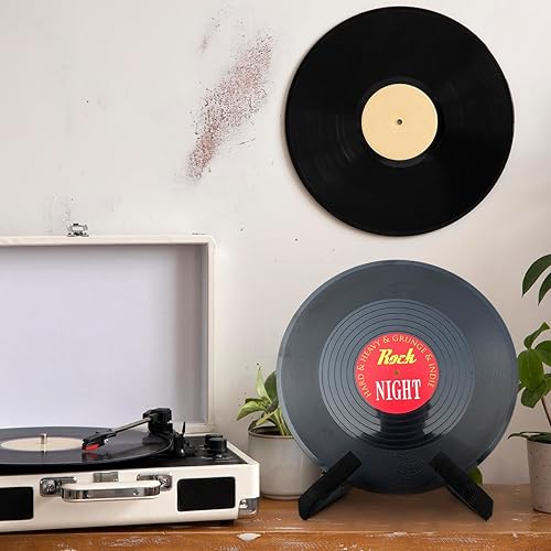 Miniatura 3 de masteymoh Soporte retro para discos de madera natural, soporte retro para discos de vinilo, soporte de discos de madera negra, soporte de placa