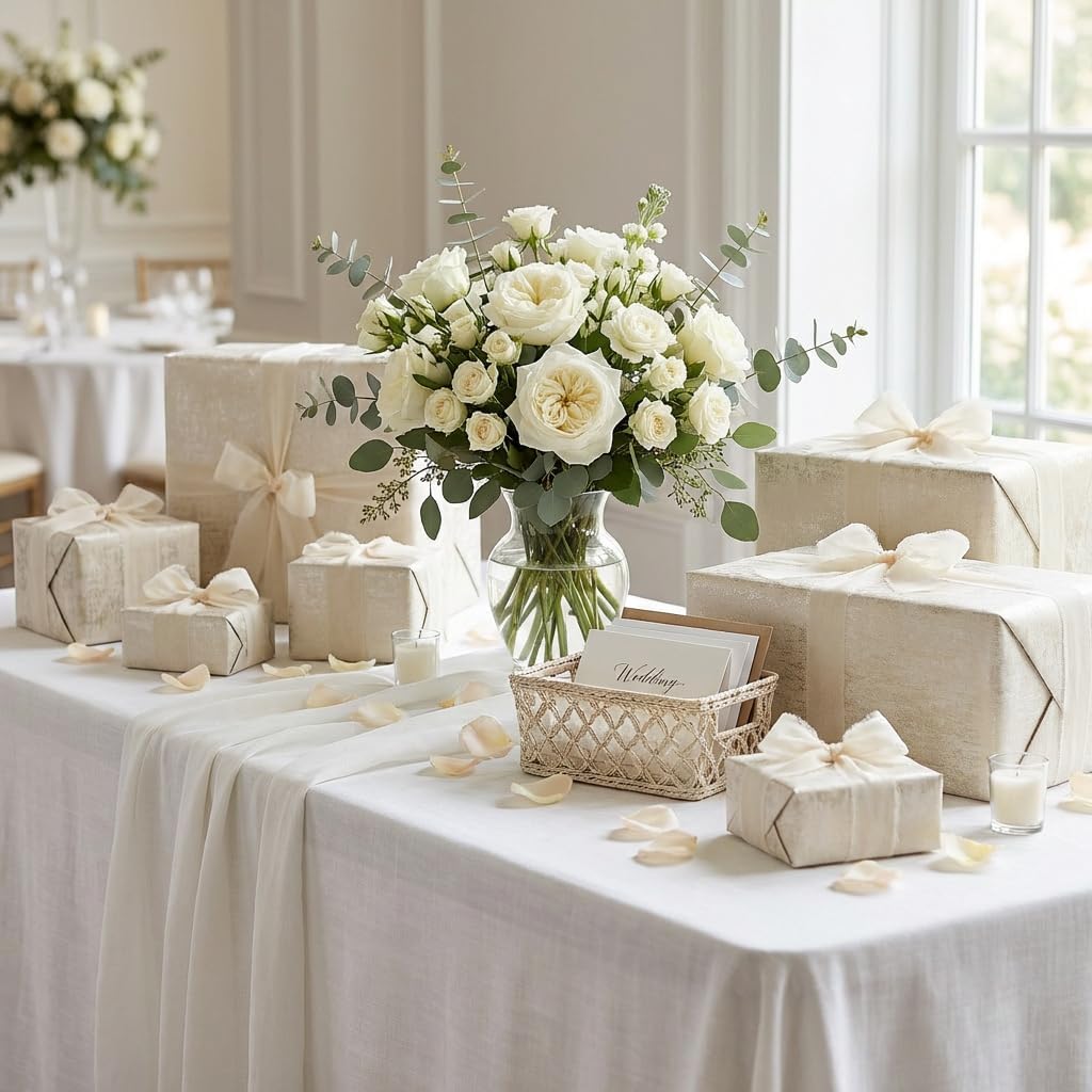 Zoyzoygo Ivory Gold Embossed Wrapping Paper & Ribbon Set | 17"x9.84ft tear-resistant roll; 7.2yds sheer hand-frayed polyester trim. Ideal wedding gift wrap & bridal shower gift wrap.
