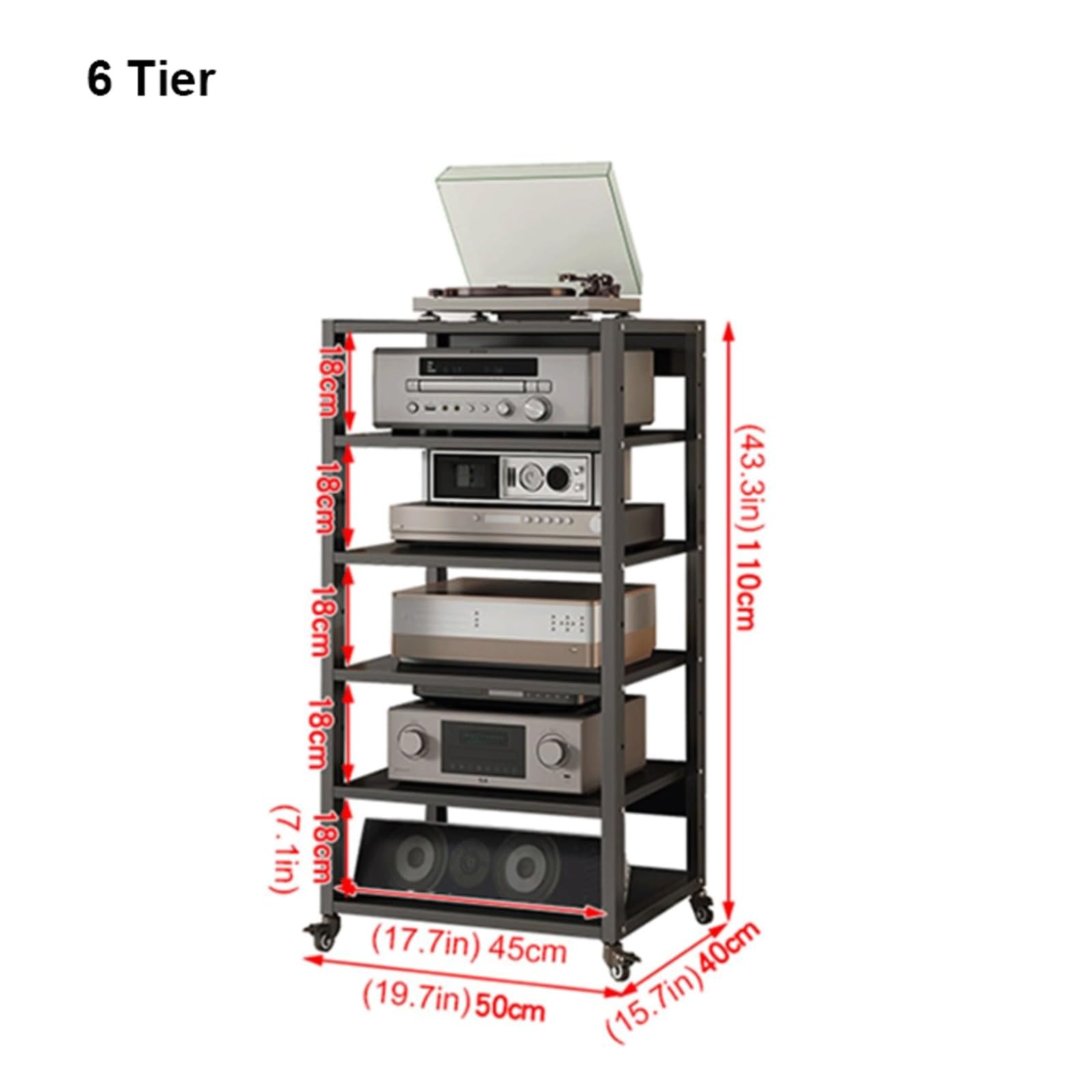 Mobile Porta TV/multimediale Regolabile a 6 Ripiani con Ruote - Moderno Centro di intrattenimento per Console di Videogiochi, Lettore Dvd/CD, Giradischi e Altri dispositivi (110 cm)
