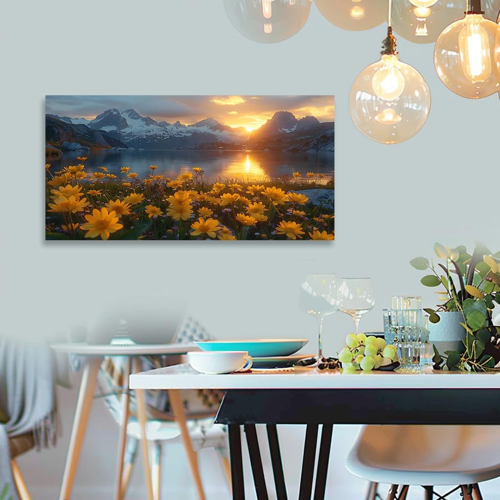 LKY ART Mountain Lake Sunset Wall Art Snow-Capped Peaks with Yellow Wildflowers Picture Wall Decor for Living Room Nature Landscape Canvas Prints Poster Artwork Home Decoration