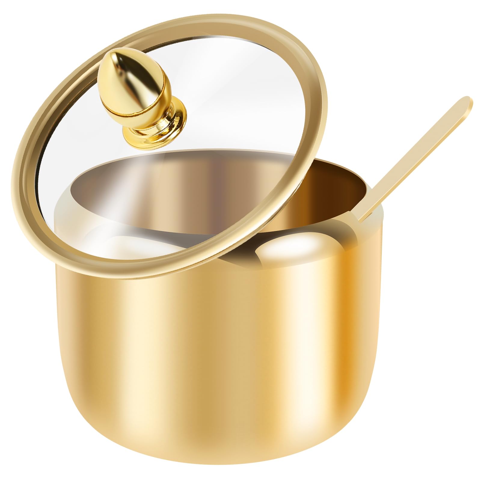 Sugar Bowl with Lid and Spoon, 10oz Gold 304 Stainless Steel Sugar Container, Modern Salt Pot & Spice Jar with Clear Glass Lid Seasoning Pot for Home Kitchen Coffee Bar Hotel Service Dishwasher Safe