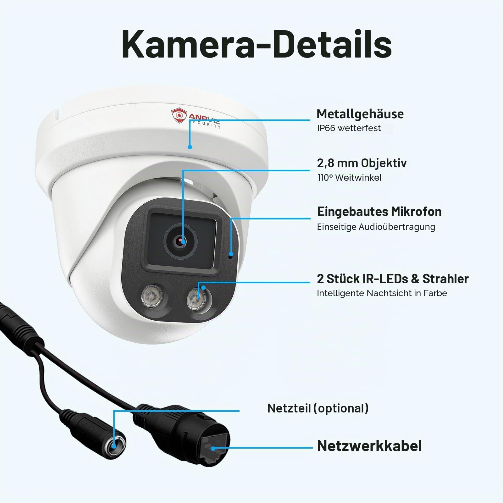 Anpviz 4K 8MP PoE IP Kamera Outdoor, Dome Überwachungskamera Aussen | Personen/Autoerkennung, Intelligente IR und Farbige Nachtsicht, Mikrofon, 2.8 mm, Ganzmetall, Verdrahtet, Kein Netzteil, IP66