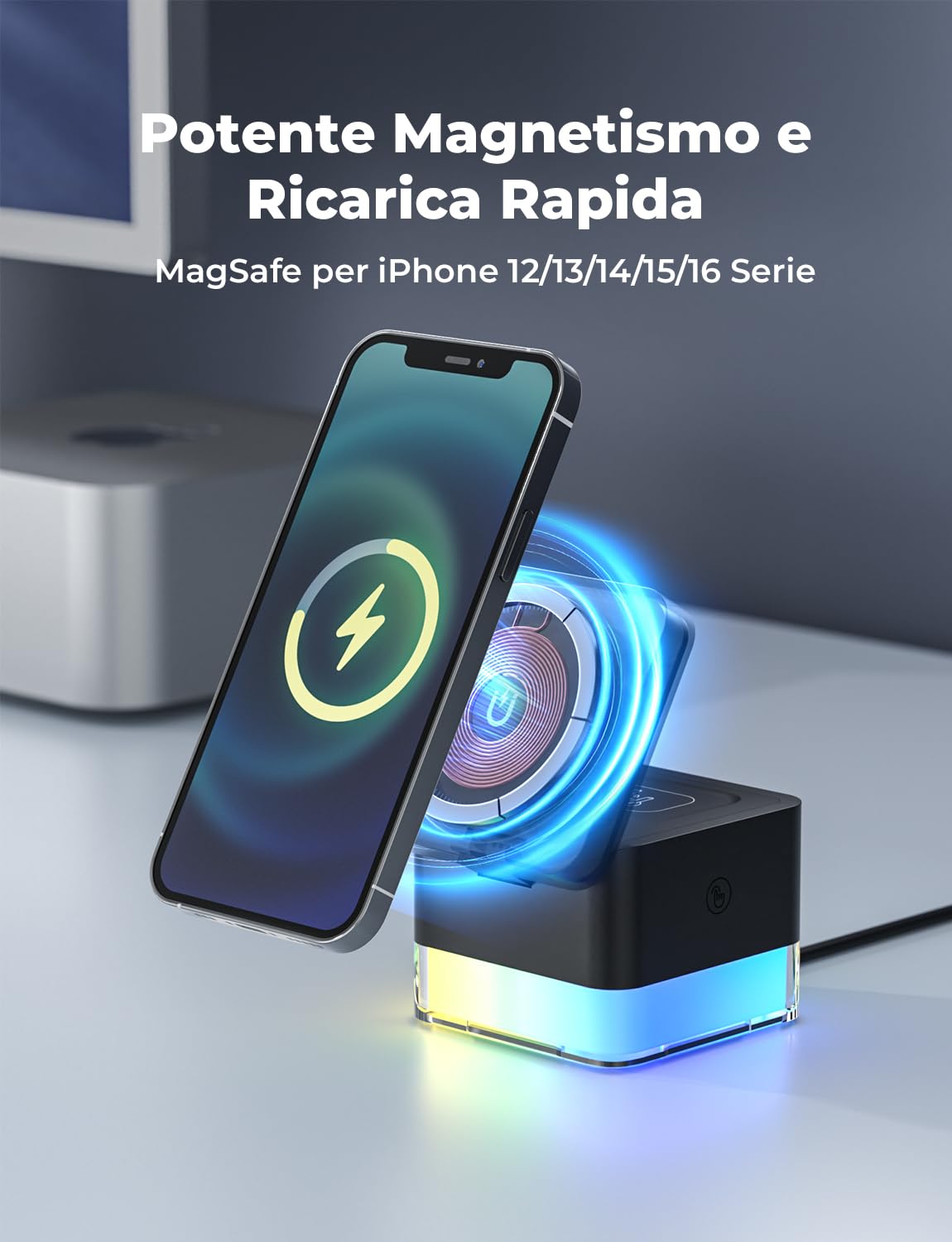 Caricatore Wireless 4 in 1, Qi Ricarica Rapida, Caricatore Compatibile Con Lampada da Comodino, per iPhone Serie 12/13/14/15/16, Airpods 2/3/Pro, iWatch