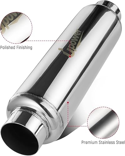 Miniatura 4 de UPOWER Resonador de escape de entrada y salida de 2.5 pulgadas, silenciador de acero inoxidable recto de 16 pulgadas de longitud total, pulido