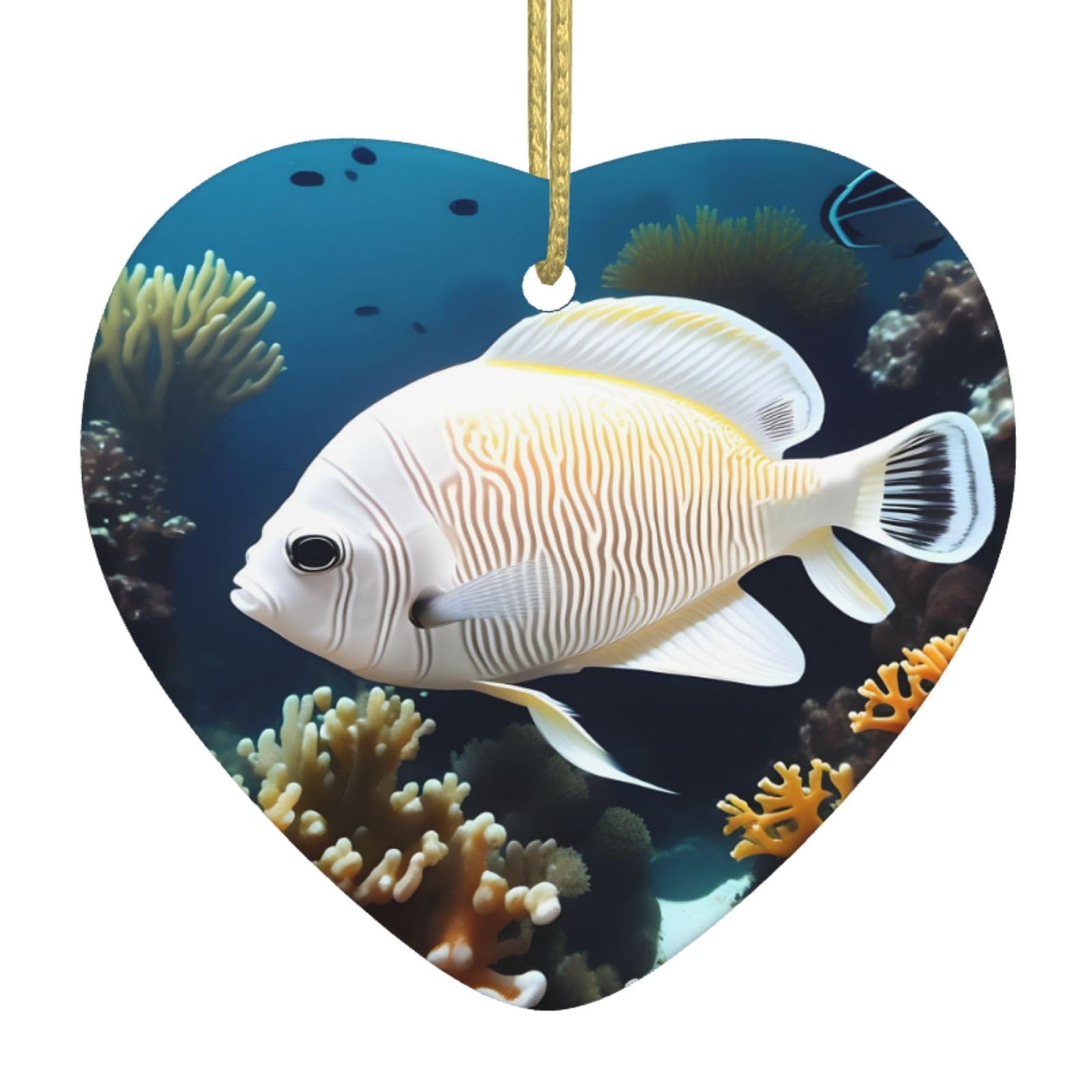 White-Golden Fish Ceramic Christmas Heart Pendant with Silk Thread, Christmas Tree Home Decoration