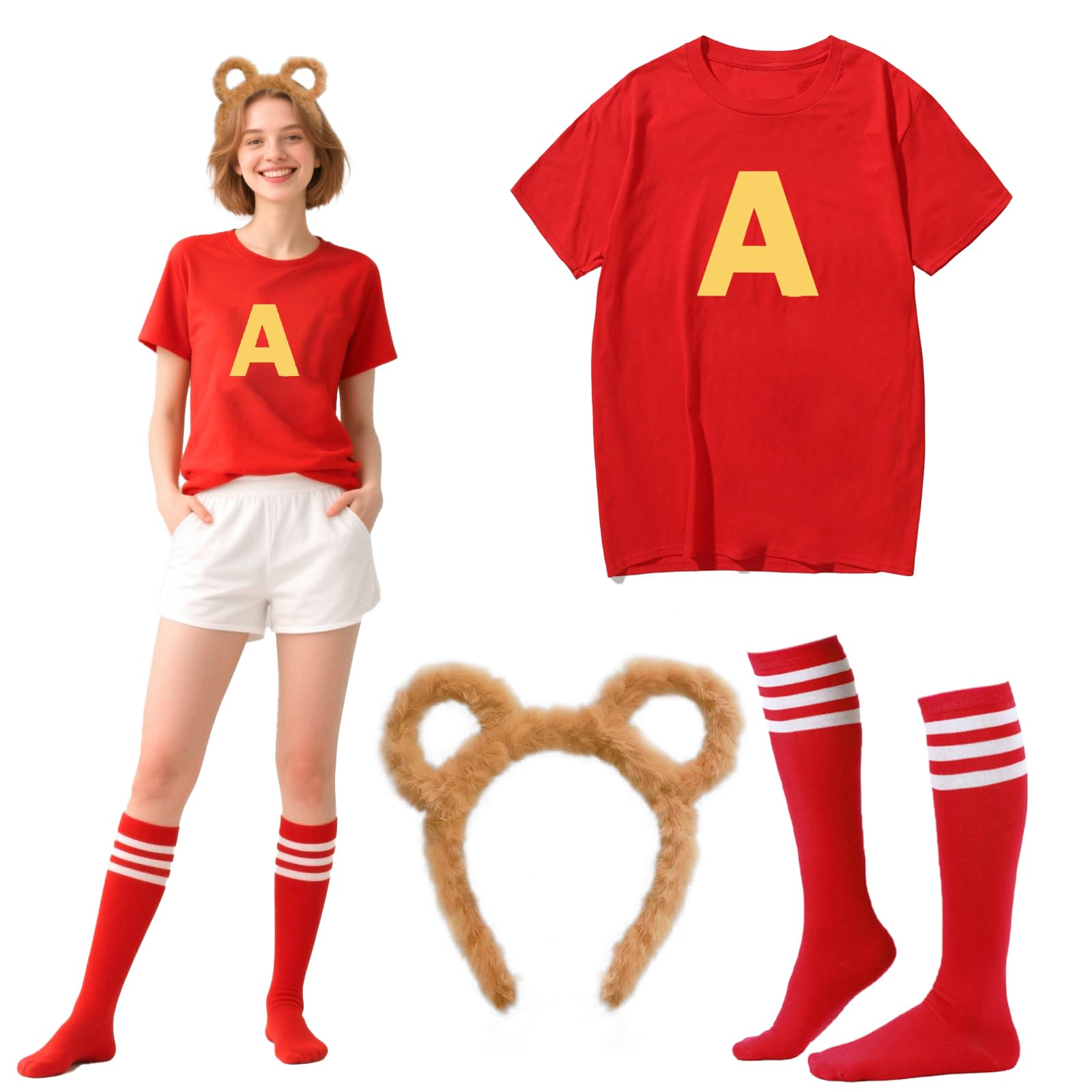 Werownsgso 3PCS Chipmunks Costumes Set With Chipmunk Headband T-Shirt Soccer Socks Chipmunks Fancy Dress Outfit Party Animal Costume Suitable For Halloween Carnival Role Playing Party (M)