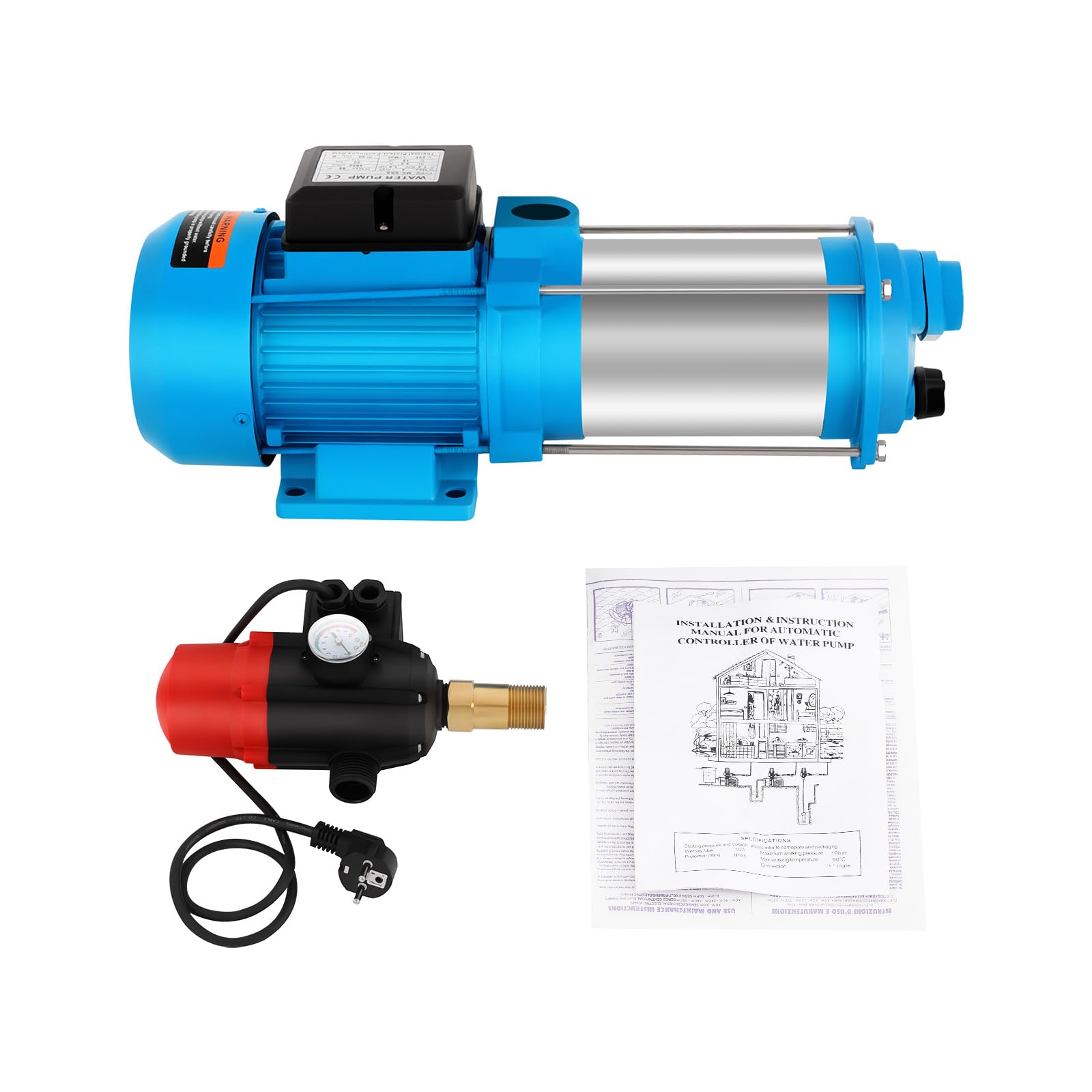 Bomba Centrífuga de Acero Inoxidable de 1300 W, Bomba de Agua con Interruptor de Flujo y Manómetro, para Riego Jardín Pozo Hogar Industrial 4000L/h IP44 Protección Energético