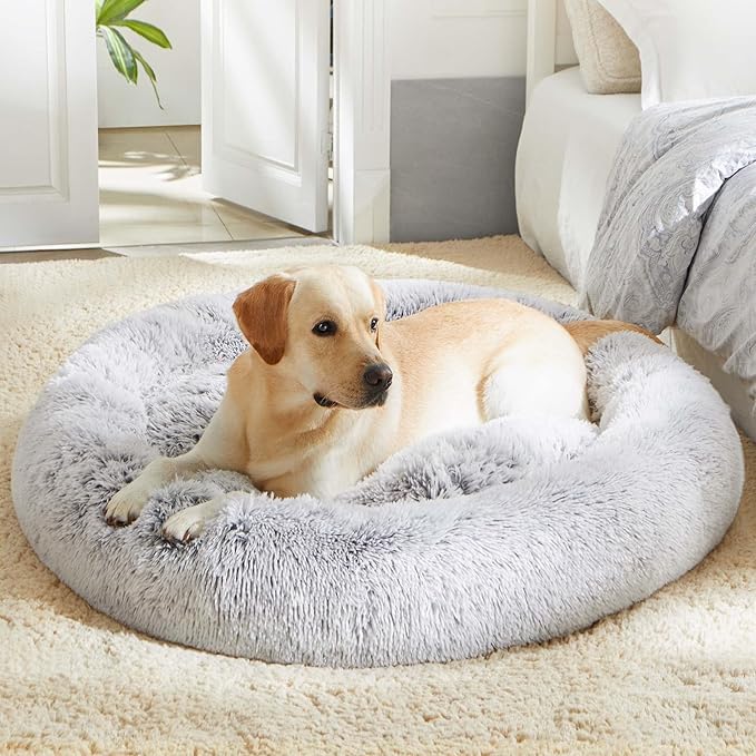 Image of ZEXSAZONE Summer Round Donut Pet Bed for Cats and Puppies Dogs Mat Cozy and Plush Raised Bedside Support Both Sides Use Like 2 in One Washable Sizes for Small Medium and Large Pets Grey Large