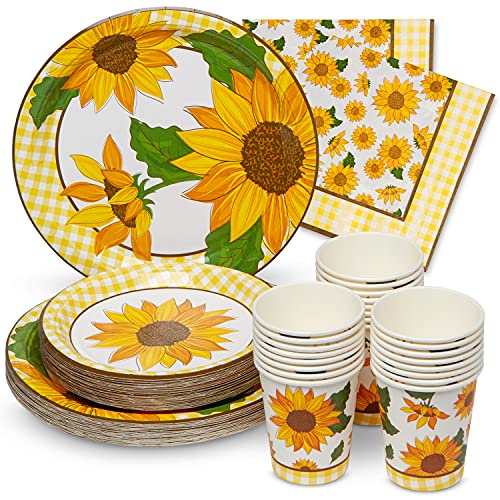 ROYAL BLUEBONNET Sunflower Party Supplies - Set of 24 9 Dinner Plates 7 Salad/Dessert Plates 8 oz Cups 3-ply Napkins Yellow Food Safe Disposable 400 GSM