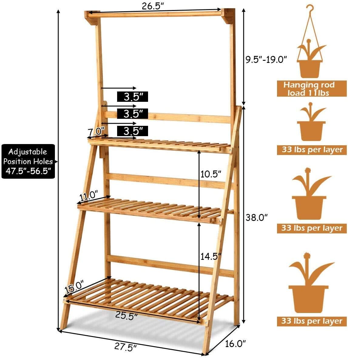 Giantex 3-Tier Hanging Plant Stand Storage Shelf, Folding Flower Pot Organizer Display Storage Rack, Adjustable Hanger Rod, Bamboo Planters Shelves Potted Holder for Patio Garden Balcony Bathroom