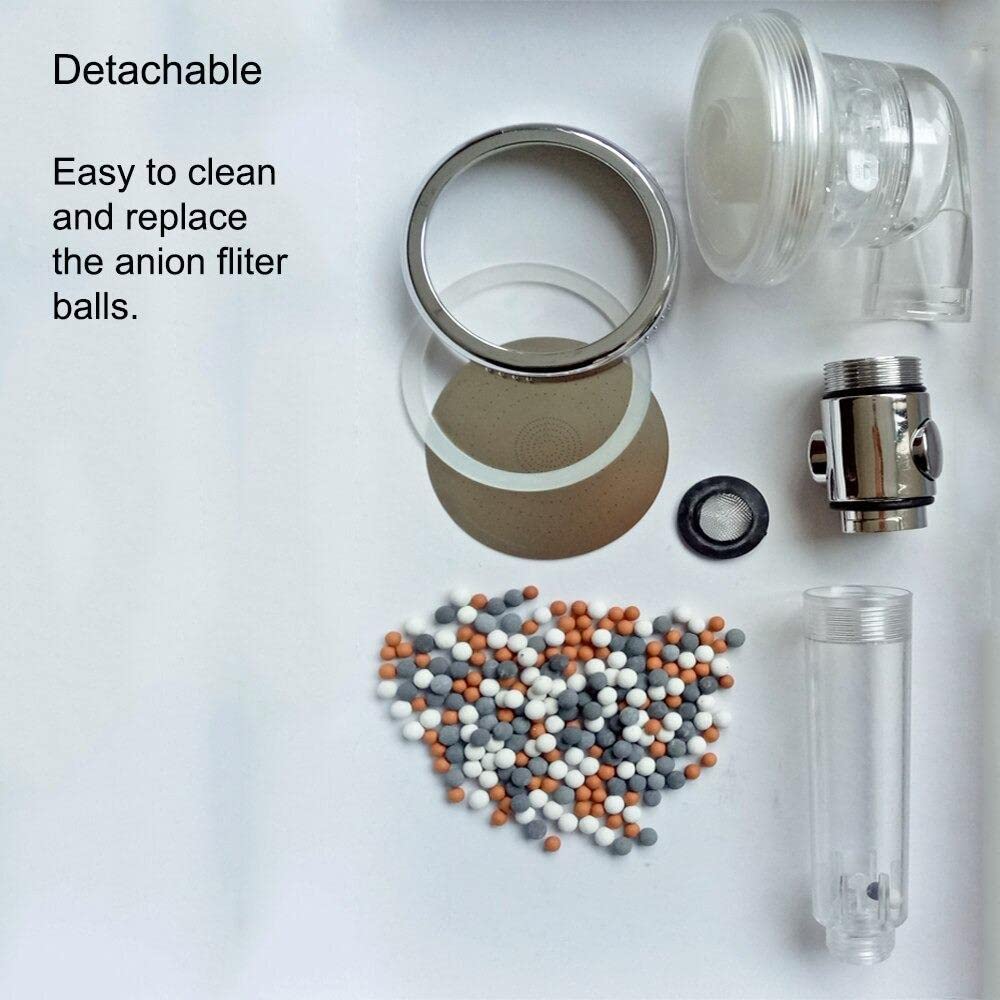 MineralStream Kit completo per soffione doccia ionico 2.0 con perline di ricambio + tubo + supporto doccia + deviatore braccio, 3 impostazioni soffione ad alta pressione per capelli secchi e pelle