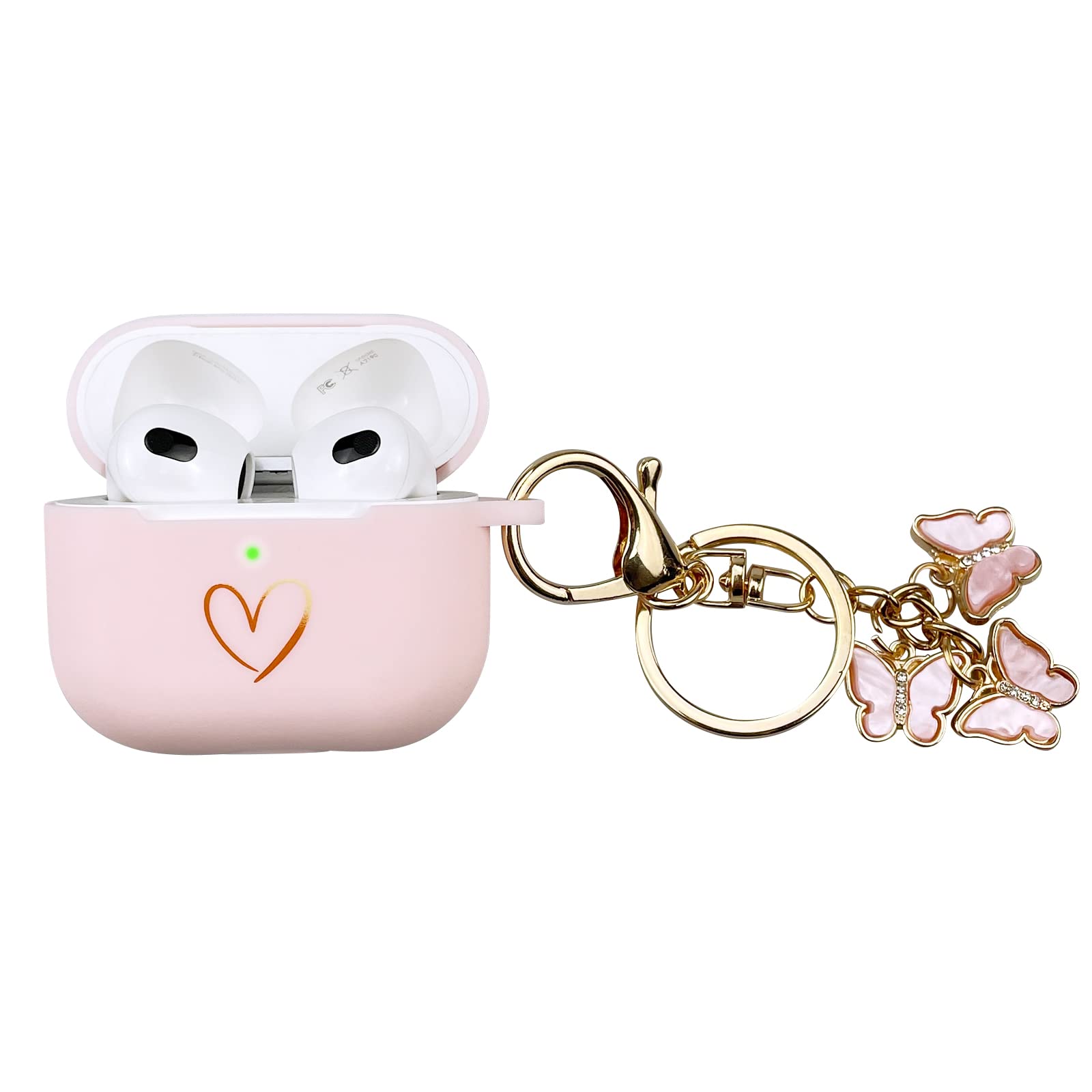 AIIEKZ Compatible with AirPods 3 Case Cover 2021, Soft Silicone Case with Gold Heart Pattern for AirPods 3rd Generation, Cute Butterfly Keychain for Girls Women (Pink)