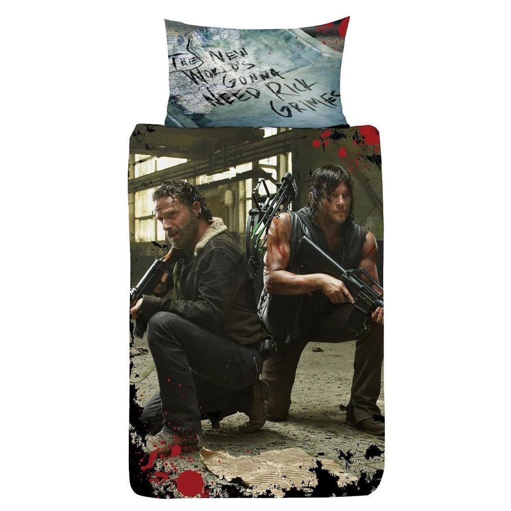 The Walking Dead New World Bettbezug für Einzelbett - Rick Grimes Daryl Dixon Design - wendbarer zweiseitiger Bettbezug mit passendem Kissenbezug