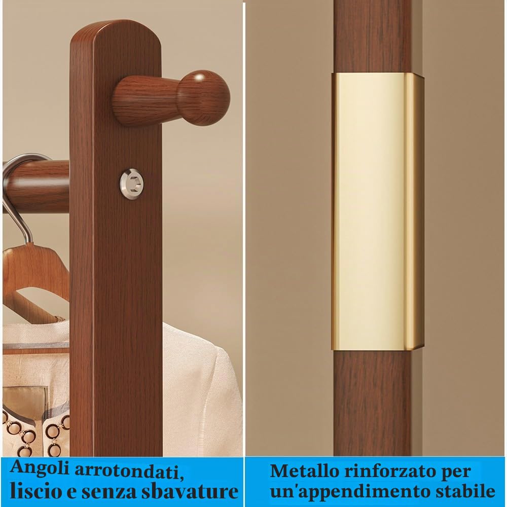 Stand Appendiabiti Legno, Stand Appendiabiti da Terra, Attaccapanni da Terra Legno, Armadio Aperto Appendiabiti Legno, Porta Abiti Legno con 5 Ganci, per Camera da Letto