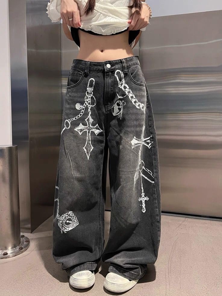 Y2k Unisex Grunge Gothic 3D Cross Chain Print Baggy Jeans Vintage Hiphop Punk Loose Fit Casual Wide Leg Denim Pants4