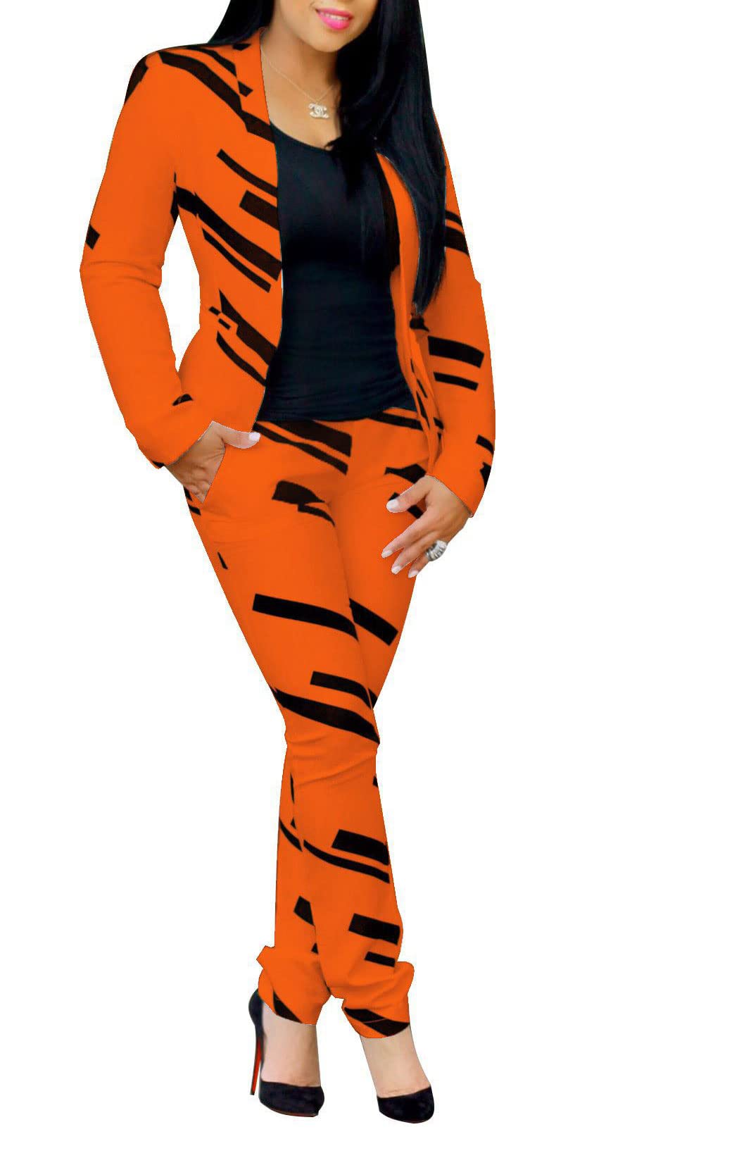 PAODIKUAI Womens 2 Piece Outfits Long Sleeve Stripe Jacket Top and Pants Suit Set