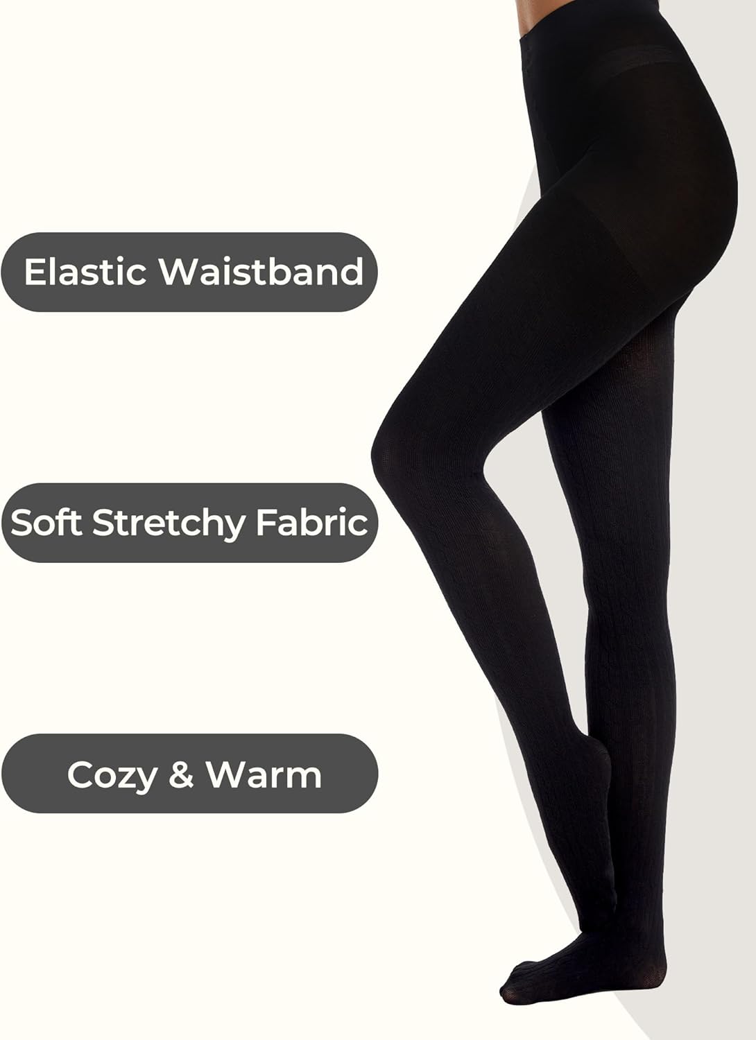 Women's Cable Knit Tights - Cozy Warm Opaque Fall Winter Sweater Tights, Black/Dark Gray/Warm White (S/M-L/XL) - Image 3