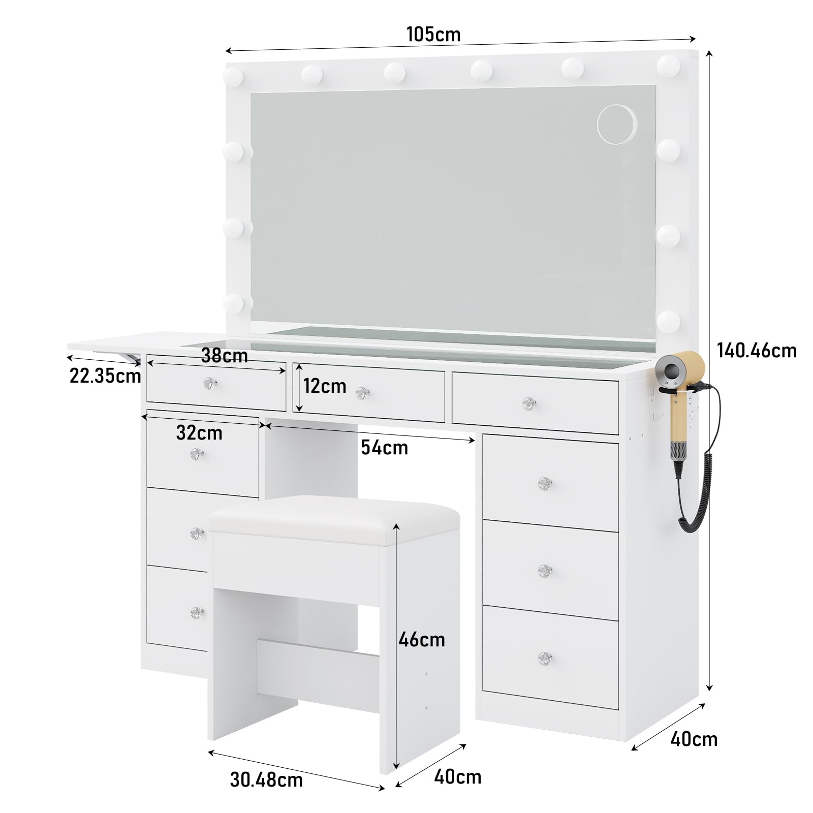 Yanosaku Tavolo Toeletta con Specchio e 12 Luci LED, Vanity con 9 Cassetti e Pannello Ribaltabile, Porte USB, Prese, Sedia Inclusa, 3 Modalità di Illuminazione Regolabile, Bianco