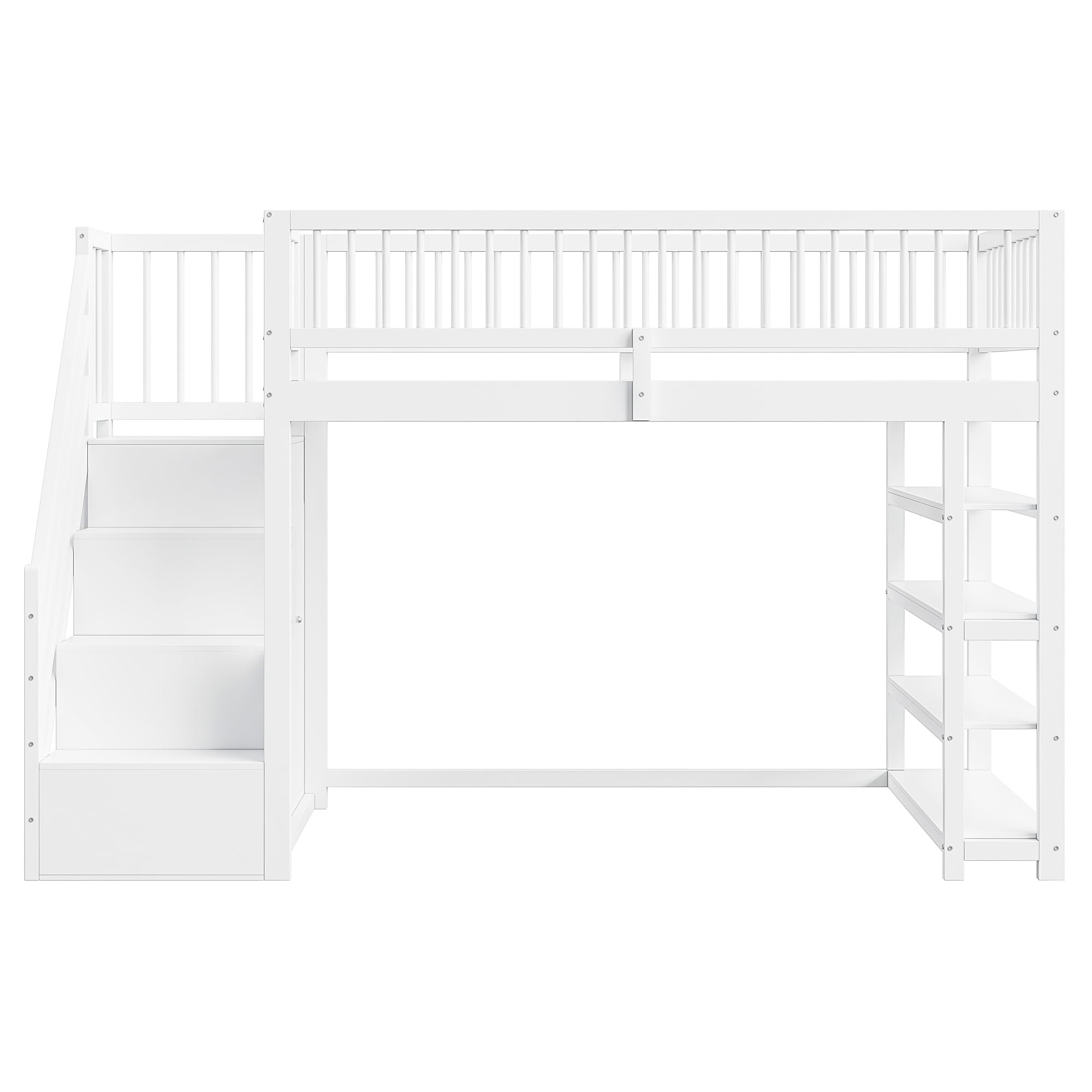 Cama alta de 90 x 200 cm, cama infantil, diseño de seguridad con armario, estantes y espacio de almacenamiento con escalera de seguridad, cama multifunción, cama de madera maciza (blanco)