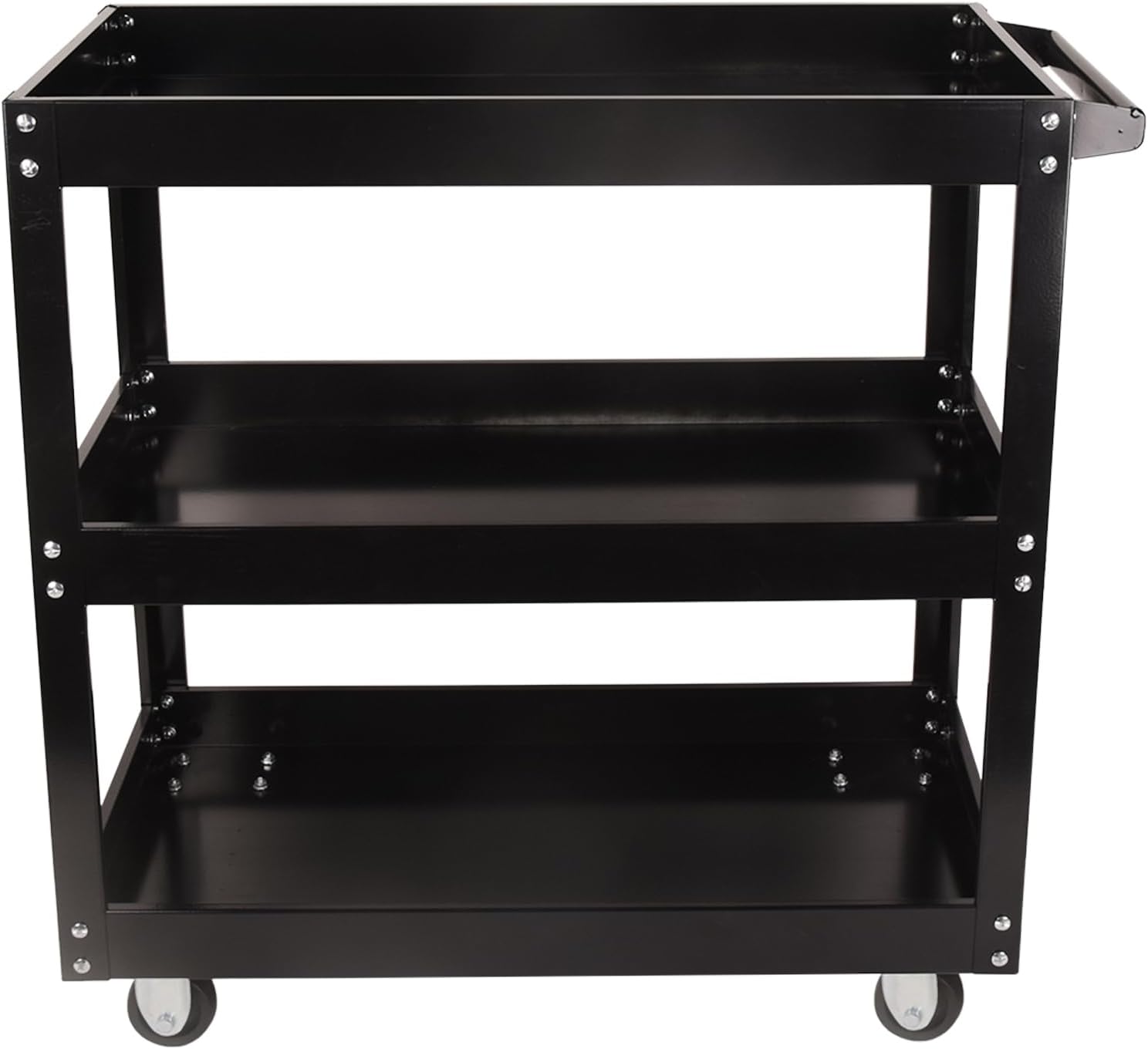 3-Tier Utility Cart, Commercial 3 Shelves Rolling Carts with Wheels 3 Shelf Steel Service Tool Cart on Wheels 330lbs Load Capacity Heavy Duty Mechanic Storage Cart, Black Black Wheels without Brake