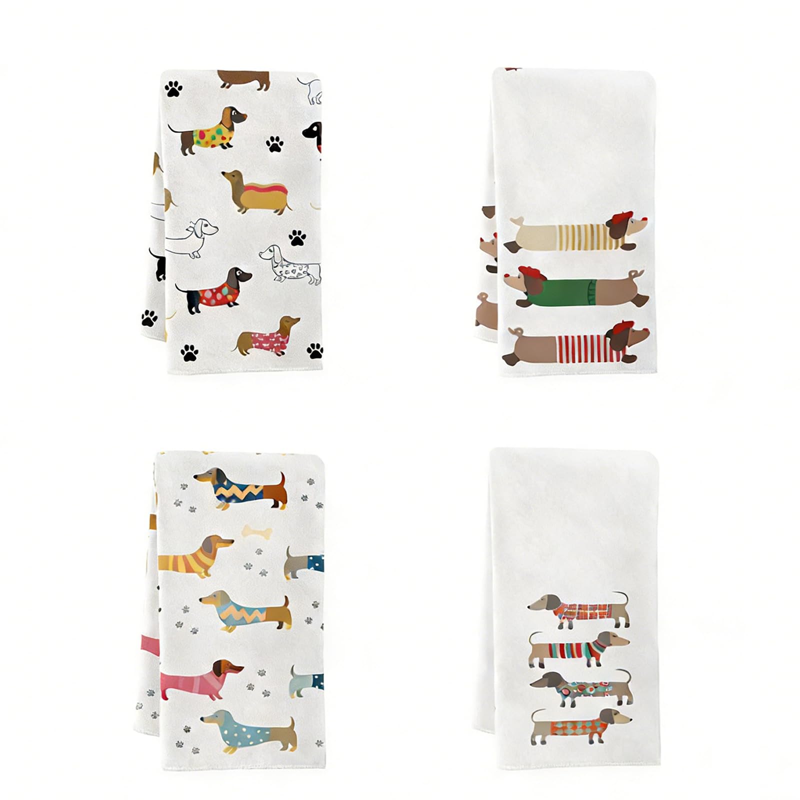4 Pack sausage dog gifts and Dachshund Gifts Tea Towels sausage dog gifts for Kitchen Featuring Cute Sausage Dog Patterns -Dog Towels Made of Super Soft Polyester for Decoration for Kitchen, 40x60cm