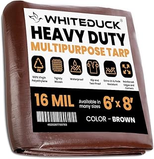 WHITEDUCK Super Heavy Duty Poly Tarp Cover 16 Mil & 10 Mil with Grommets and Reinforced Edges (Brown, White & Silver Black) (Brown- 16 Mil, 6' x 8')