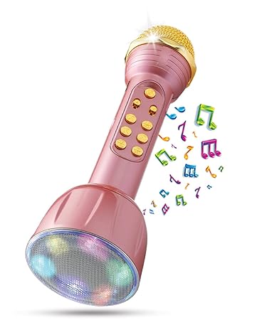 Pick Ur Needs Karaoke Mic with Led Light Wireless Bluetooth Microphone Connection Player Speaker 2-in1 with Recording (Pink)