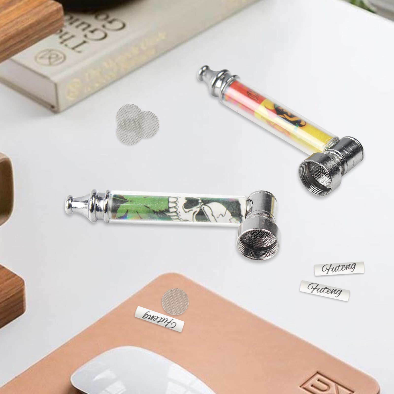 Zestaw 2 fajek, przenośny mini uchwyt na fajkę z 10 filtrami ze stali nierdzewnej i filtrem z węglem aktywnym 10 x 6 mm, fajka do palenia wyrobów tytoniowych