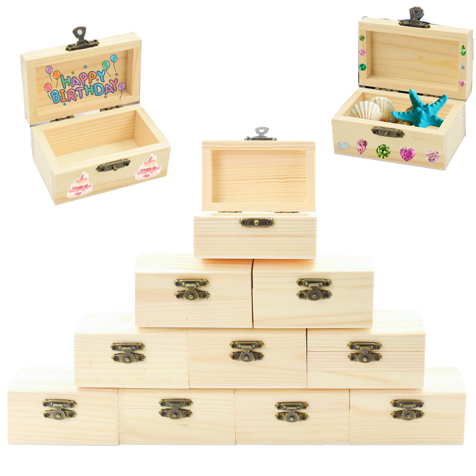 Yudobliss Mini-schatkist, 6 stuks, 9 x 6 x 5 cm, mini-schatkist met deksel, houten kist, klein, houten kist zonder gravure, voor bewaren en decoreren