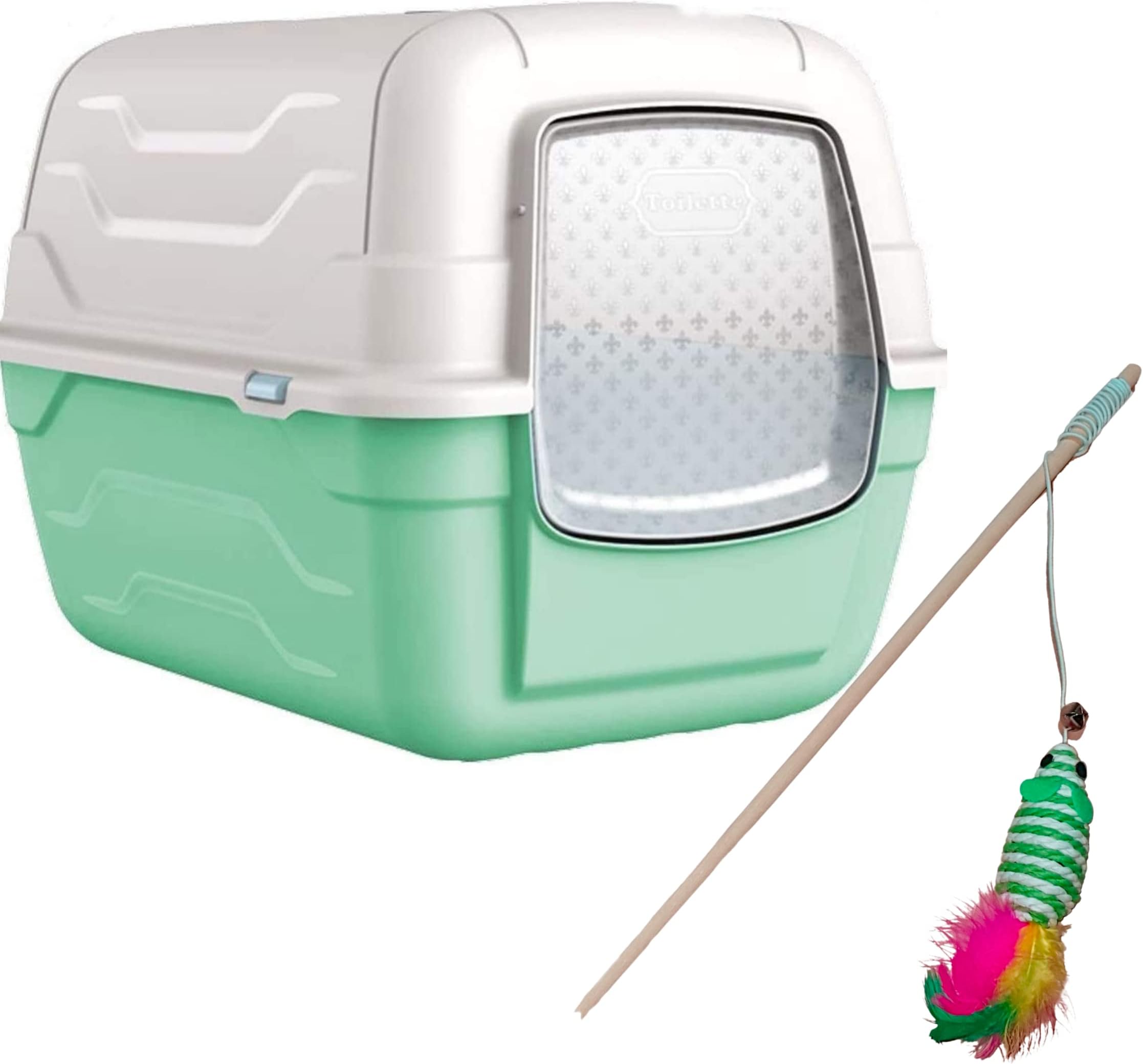 Roto Cat Hooded Litter Tray Box Large Enclosed Loo Indoor Puppy Kitty Toilet with Bonus Cat Toy (Green)