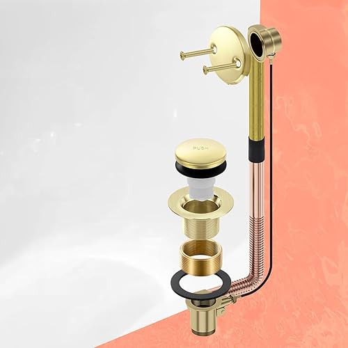 Miniatura 6 de Juego de desagües dorados para bañera con punta de desagüe con placa frontal de desbordamiento de dos agujeros, kit de drenaje de conversión de