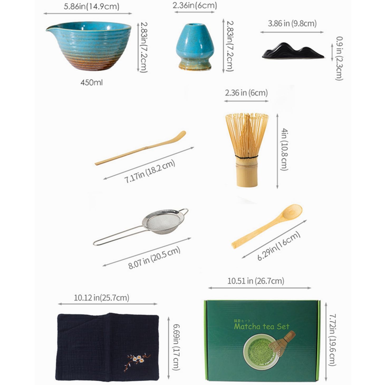 Juego de 8 batidores de matcha con caja de regalo verde intenso, juego de kit tradicional de ceremonia de té japonés, juego de cuencos de cerámica para cambiar el horno, juego de cuencos de matcha a