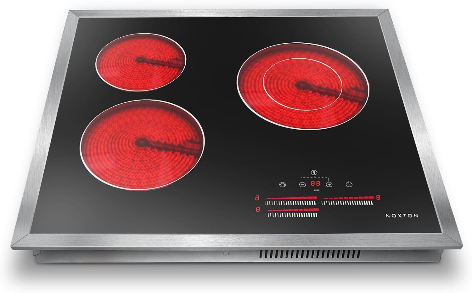 Noxton 24 Inch Electric Cooktop, 3 Burner Built-in Radiant Stove Top, Stainless Steel Frame, Dual Zone Ceramic Glass Hob, Touch Slide Control, 9 Power Levels, Timer, Child Lock, 5500W, 240V Hardwired 3 burners 24 inch with frame