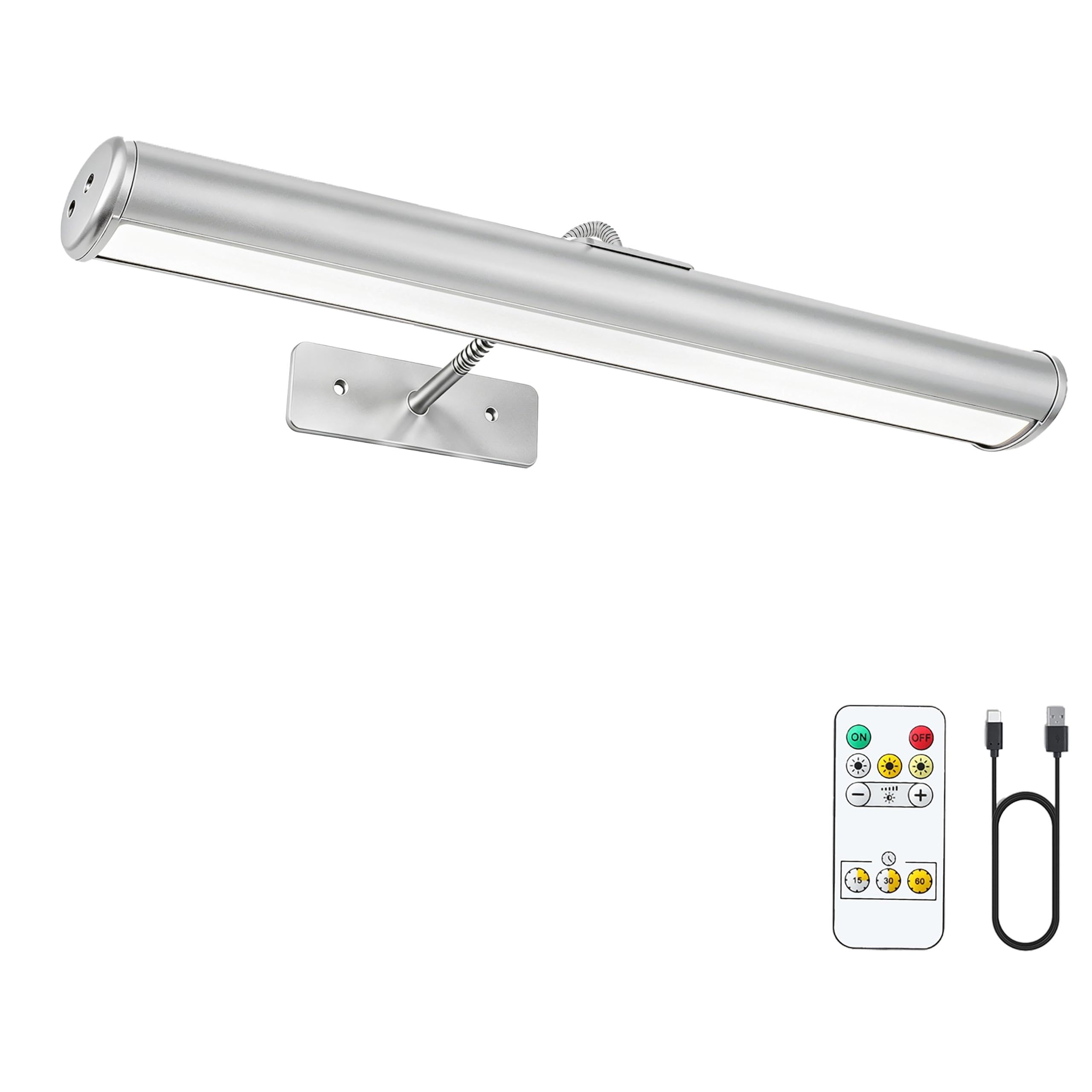 16" Battery Operated Picture Light for Wall, 6000mAh Cordless Wall Lamp for Painting Photo Artwork, Remote Control, Magnetic for Easy to Charge,Timers, Display for Gallery Living Room (Silver)