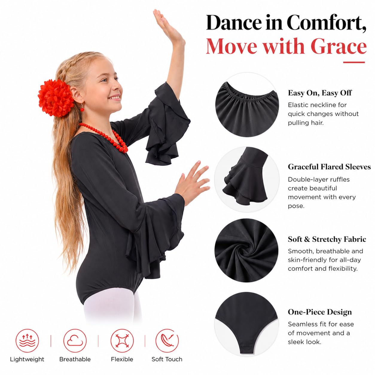 Carnavalife Body flamenco niña negro maillot danza manga larga con volante leotardo ballet gimnasia escote redondo