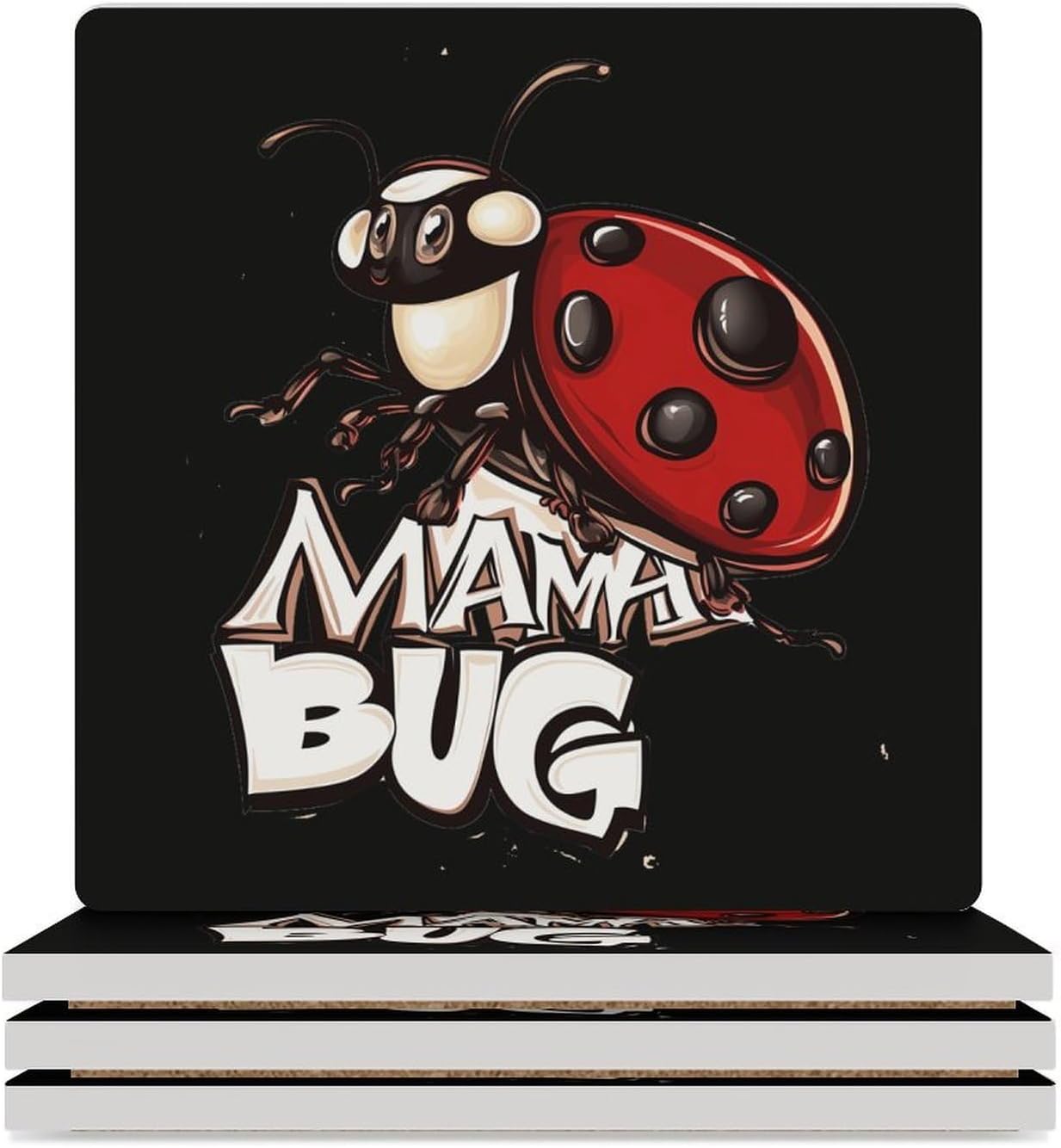 Ladybug Mom Mama Bug Ceramic Coasters Set Square Drink Coasters Table Coaster for Kitchen Desktop Decor